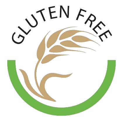 Gluten Free badge with a rice stalk in a green circular mark